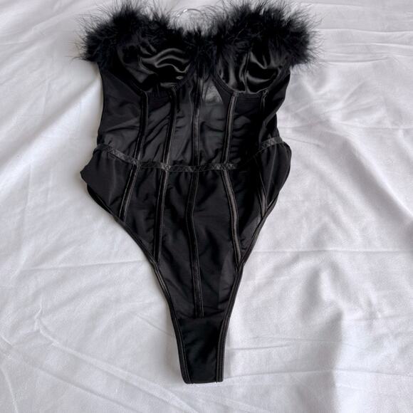 NEW Nasty Gal Satin Corset Bodysuit Feather Medium Cosplay Mesh Sheer Dark Angel - Picture 2 of 10